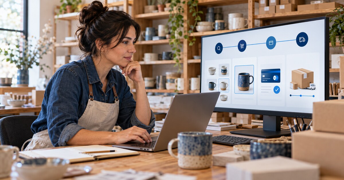 Small business owner reviewing products, checkout, and delivery steps on a desktop screen