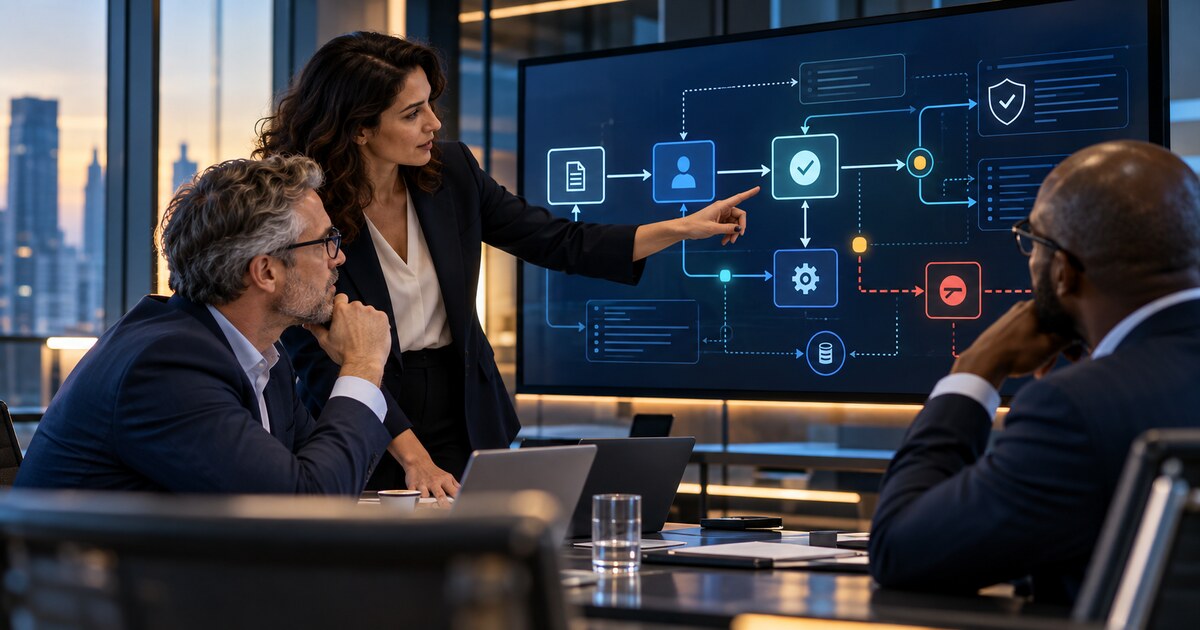 Business leaders reviewing an AI governance and approval framework