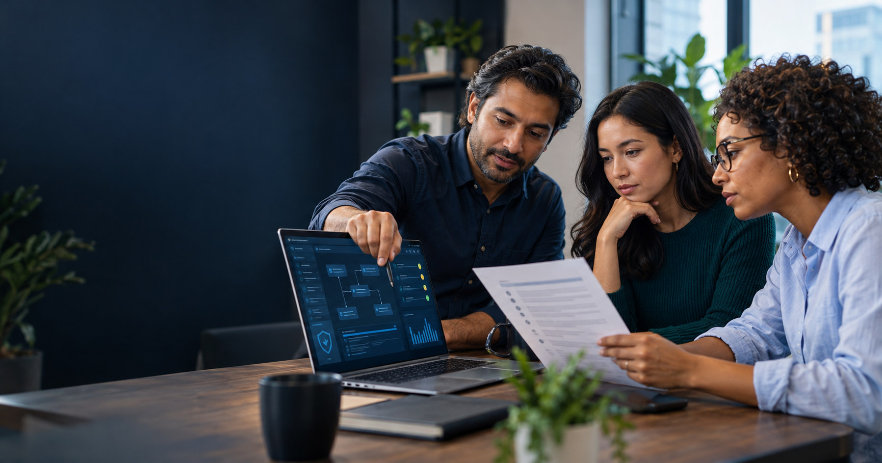 Small-business team reviewing an AI governance workflow and policy checklist