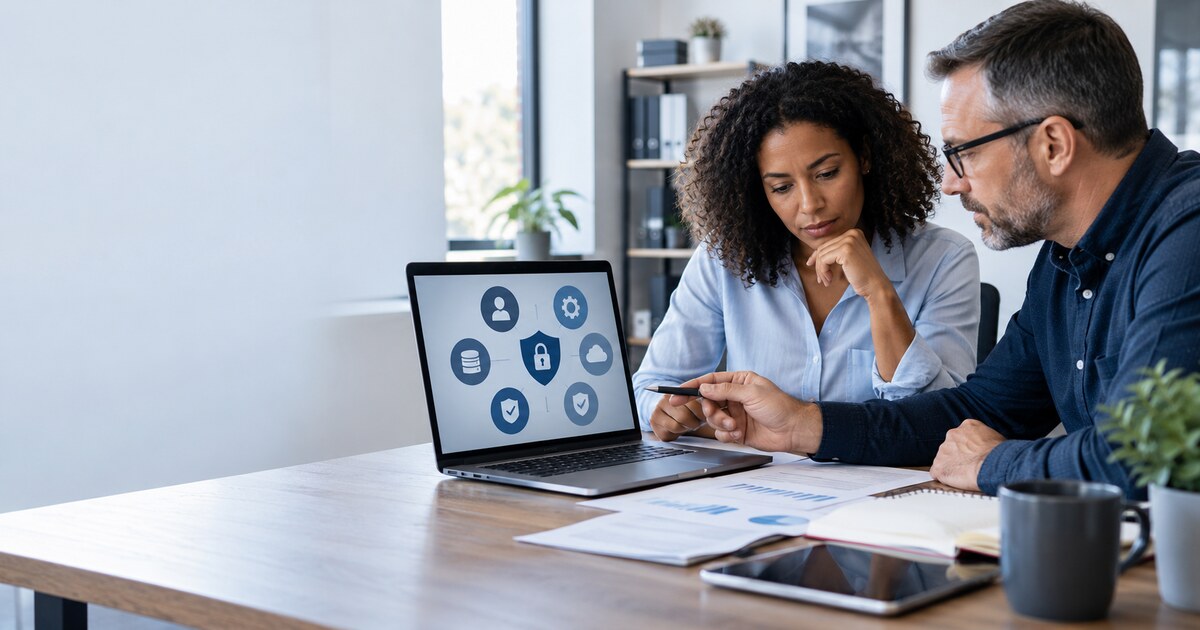 Small-business owner and technology adviser reviewing an AI-assisted cybersecurity risk assessment
