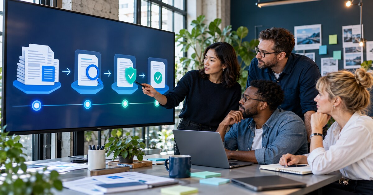Operations team mapping a document workflow on a shared office screen