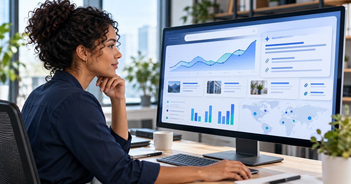 Marketing analyst reviewing generative AI search visibility trends, cited pages, and country data