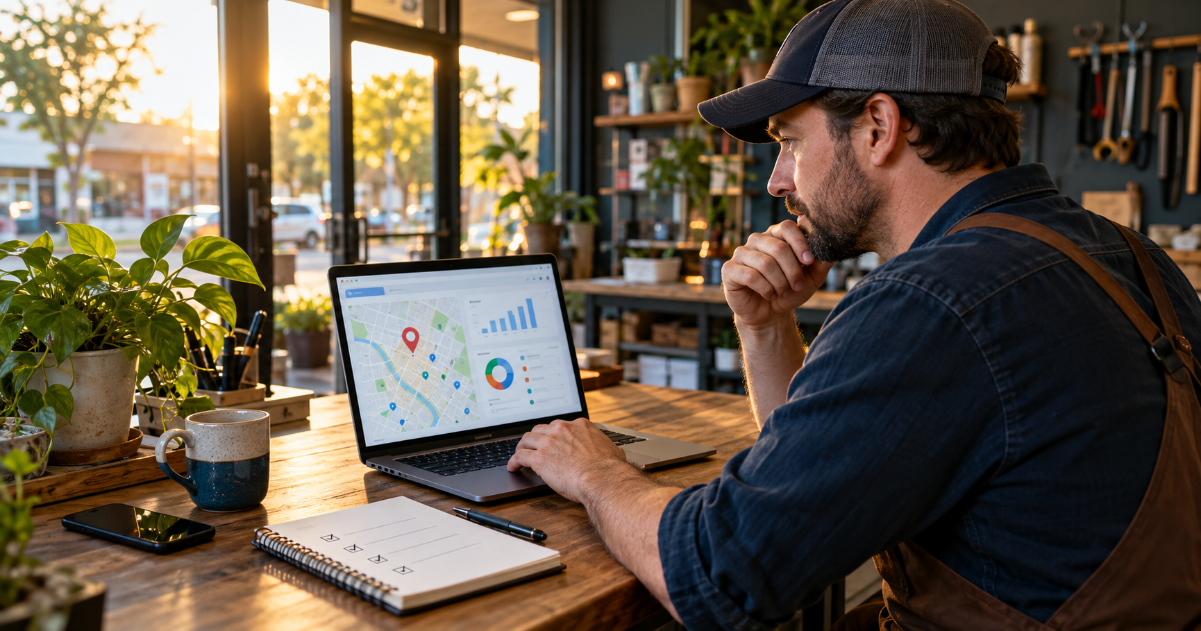 Local service business owner reviewing a map-based search performance dashboard