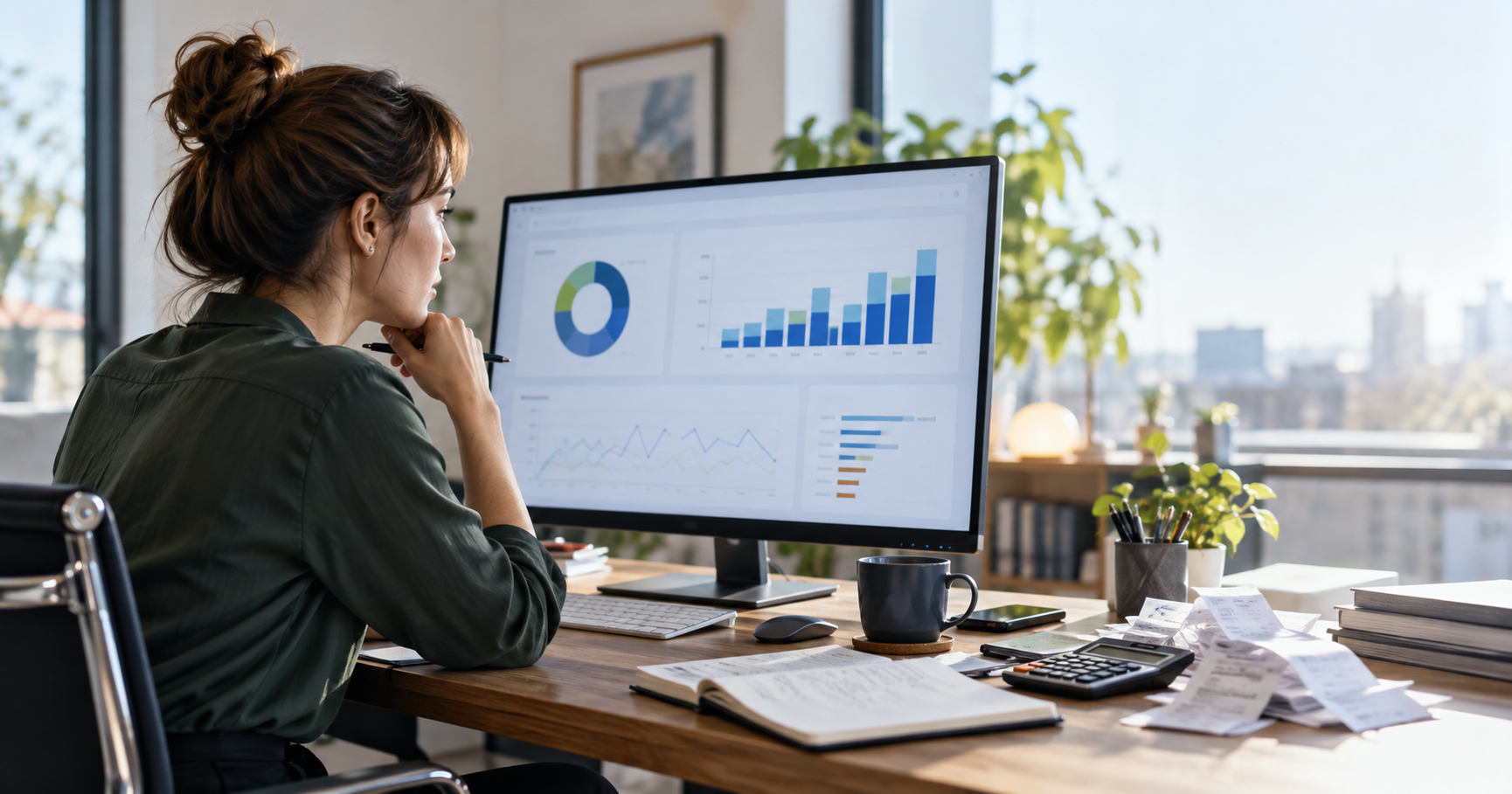 Business analyst reviewing a software subscription spending dashboard at a desk